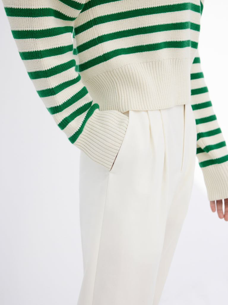 Wool Blend Green Striped Half Zip Collar Knitted Top