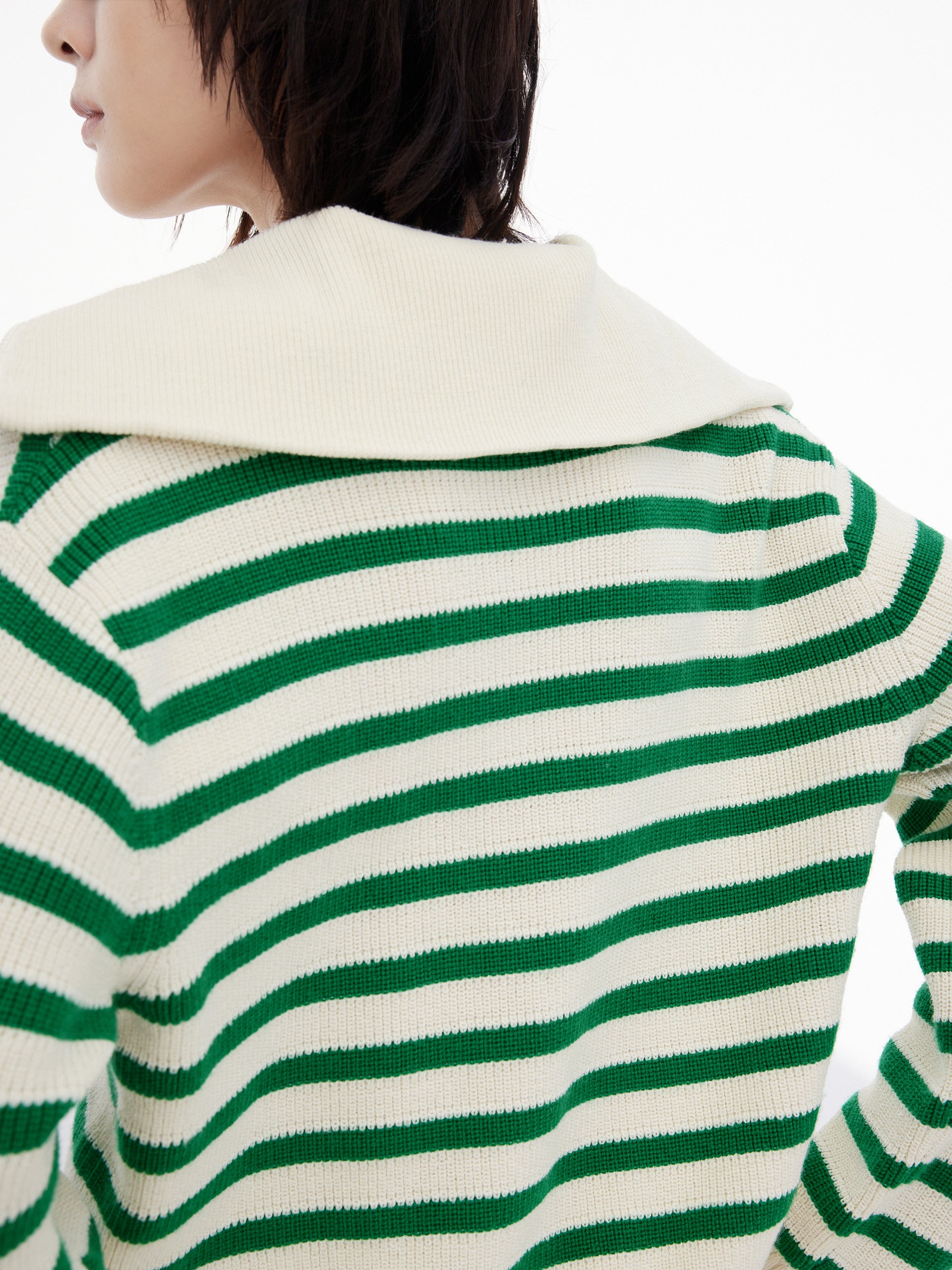 Wool Blend Green Striped Half Zip Collar Knitted Top