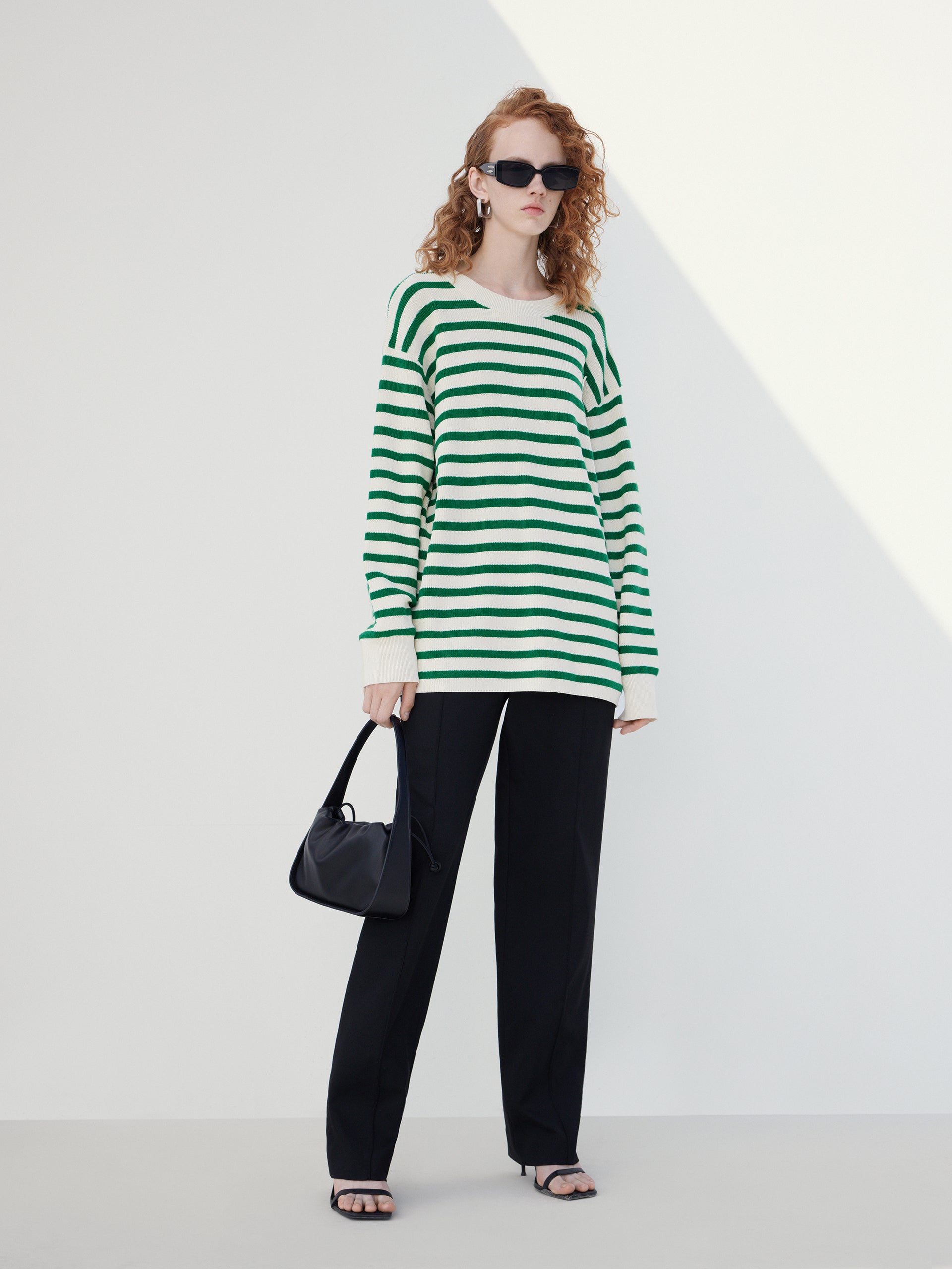 Wool Blend Oversize Green Striped Causal Sweater