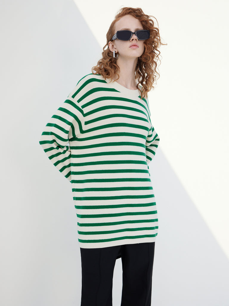 Wool Blend Oversize Green Striped Causal Sweater