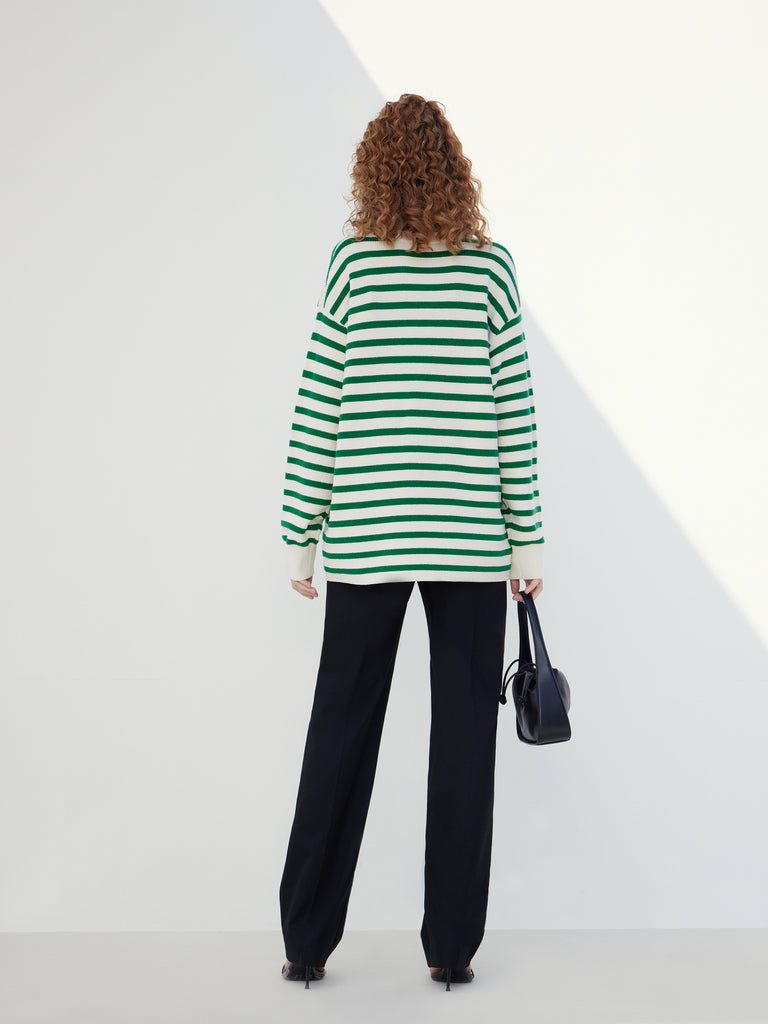 Wool Blend Oversize Green Striped Causal Sweater
