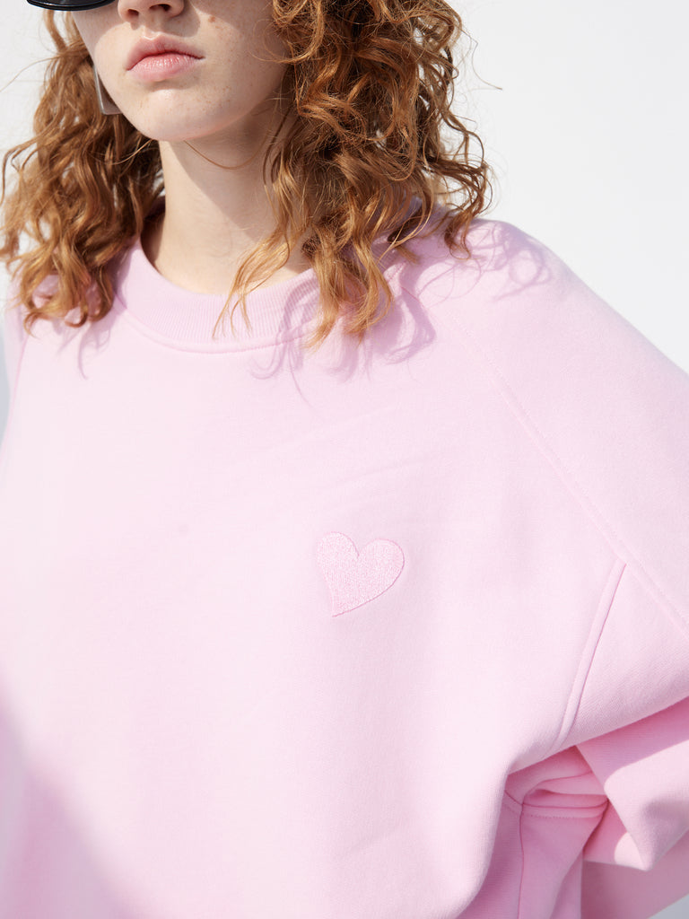 Heart Pattern Embroidered Causal Pink Cotton Sweatshirt
