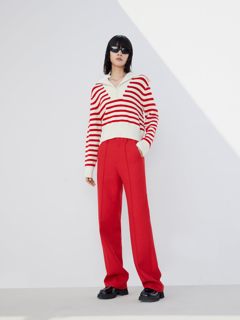 Wool Blend Red Striped Half Zip Collar Knitted Top