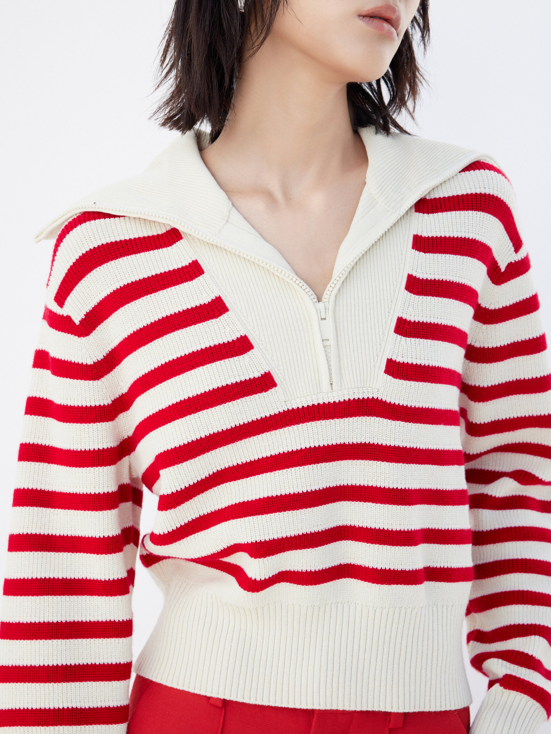 Wool Blend Red Striped Half Zip Collar Knitted Top