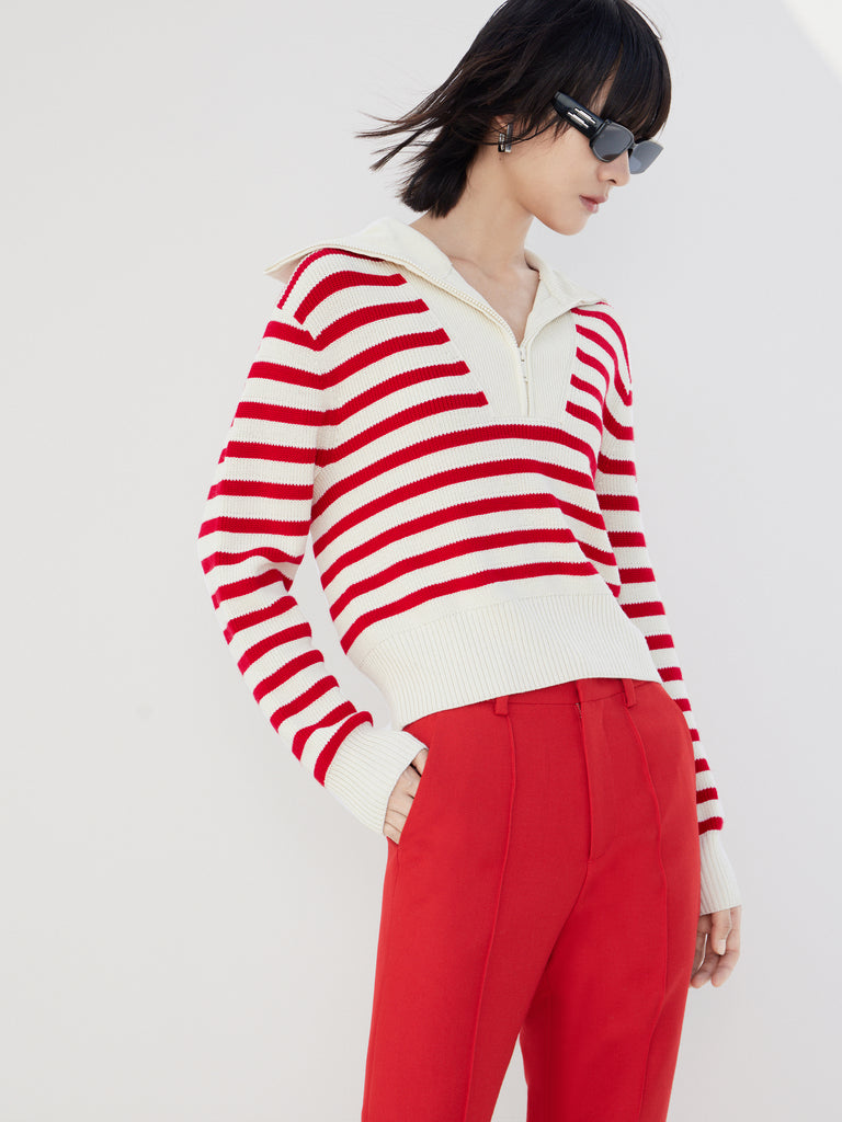 Wool Blend Red Striped Half Zip Collar Knitted Top