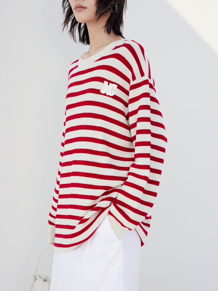 Wool Blend Oversize Red Striped Causal Sweater