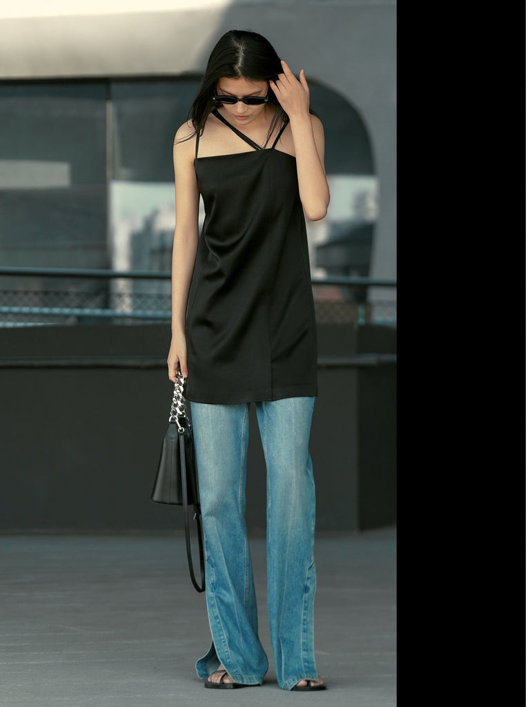 MO&Co. Women's Adjustable Cami Dress Loose Casual Square Neck Black Dress For Woman