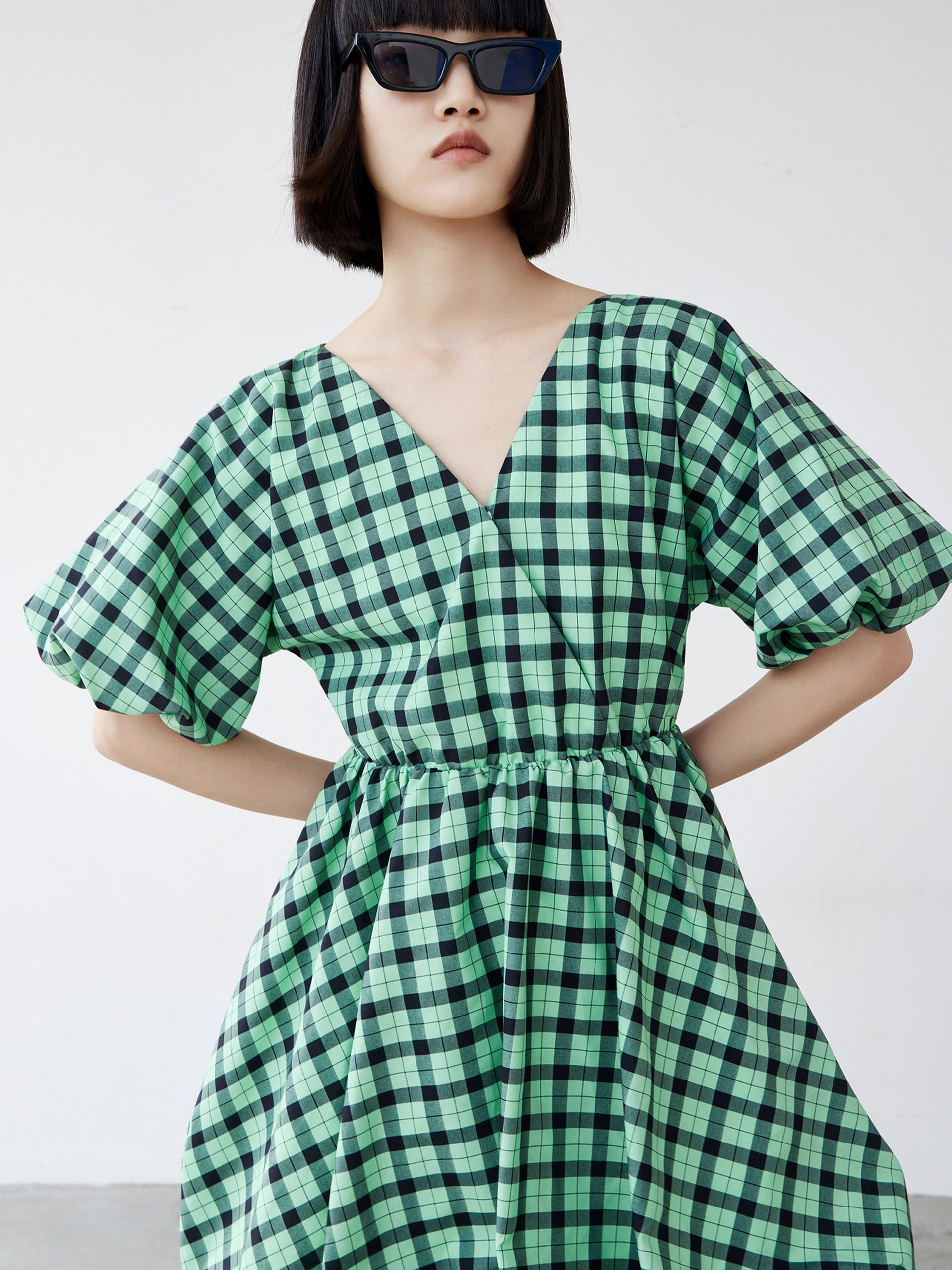 Puff Sleeved V-Neck Checkered Dress MO&Co.