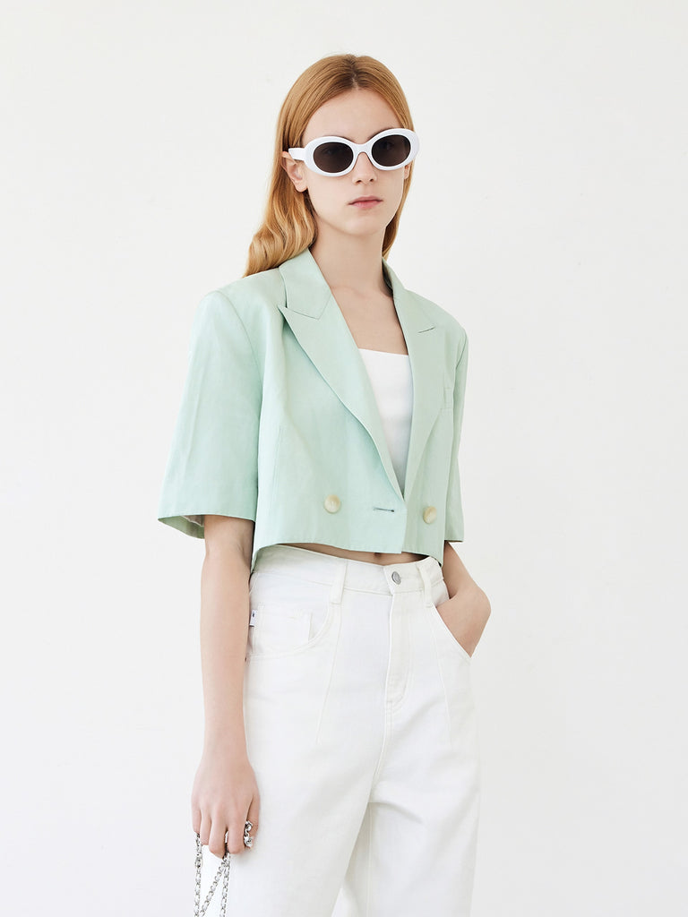 MO&Co. Women's Linen Blend Crop Blazer Loose Casual Lapel Ladies Blazer Coat