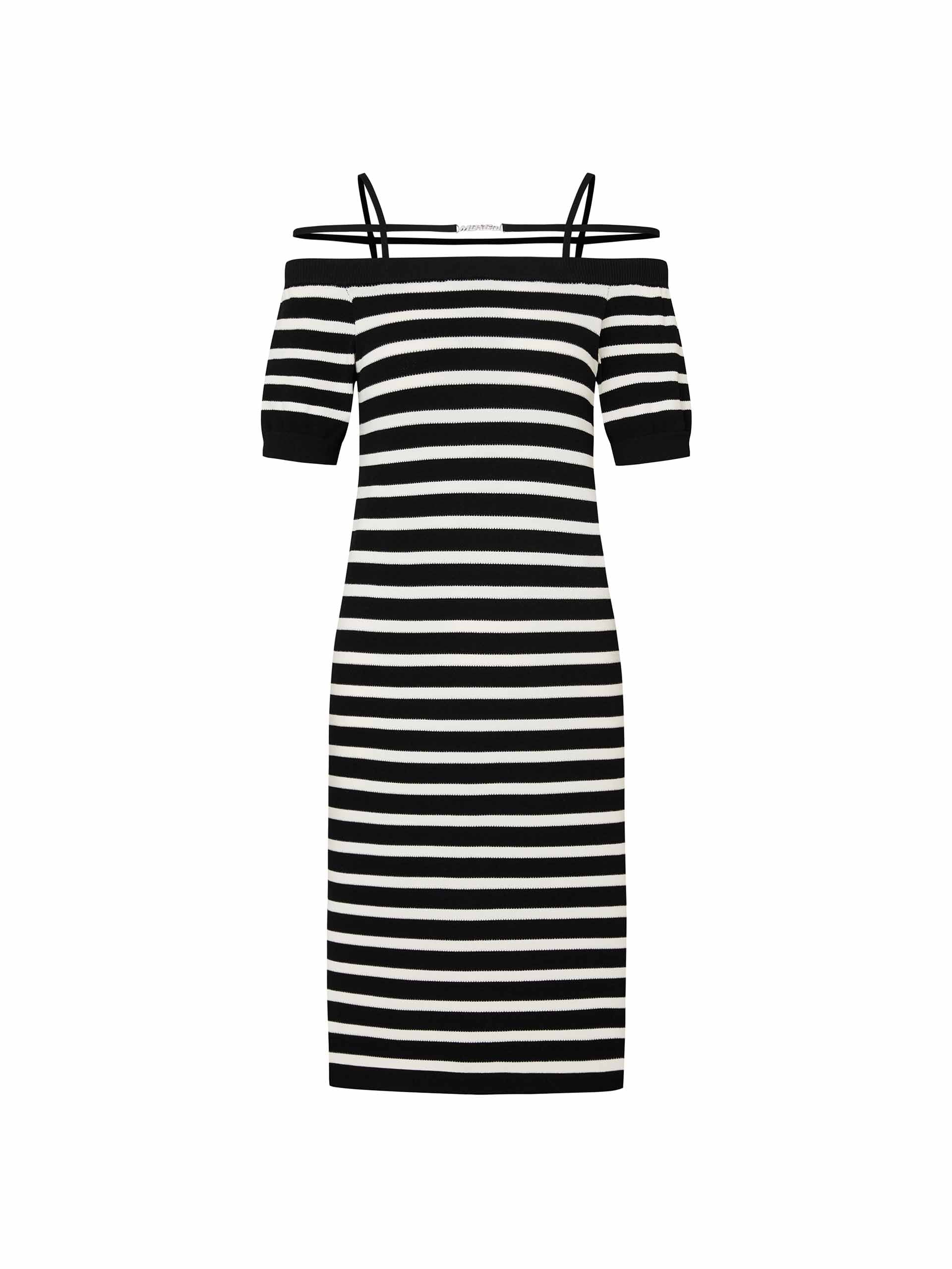 MO&Co. Women's Black and White Striped Strap Details Slim Fit Off Shoulder Mini Dress