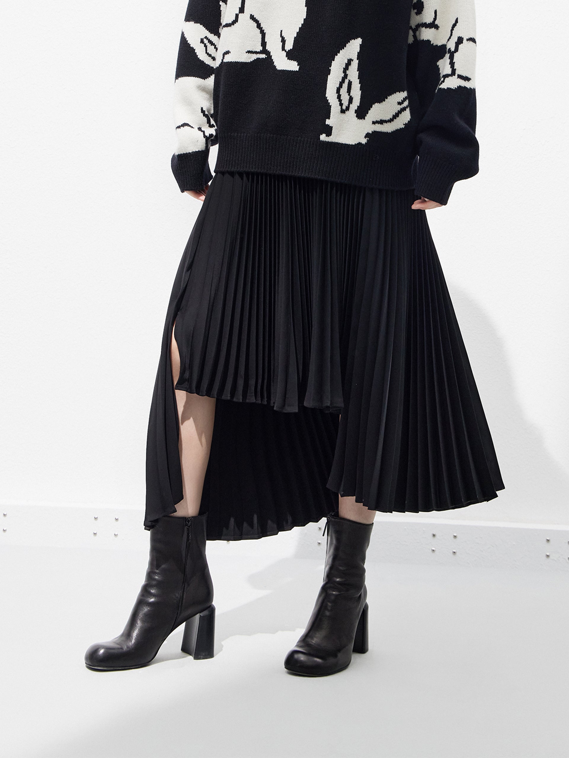 Asymmetric Pleated Black Midi Skirt