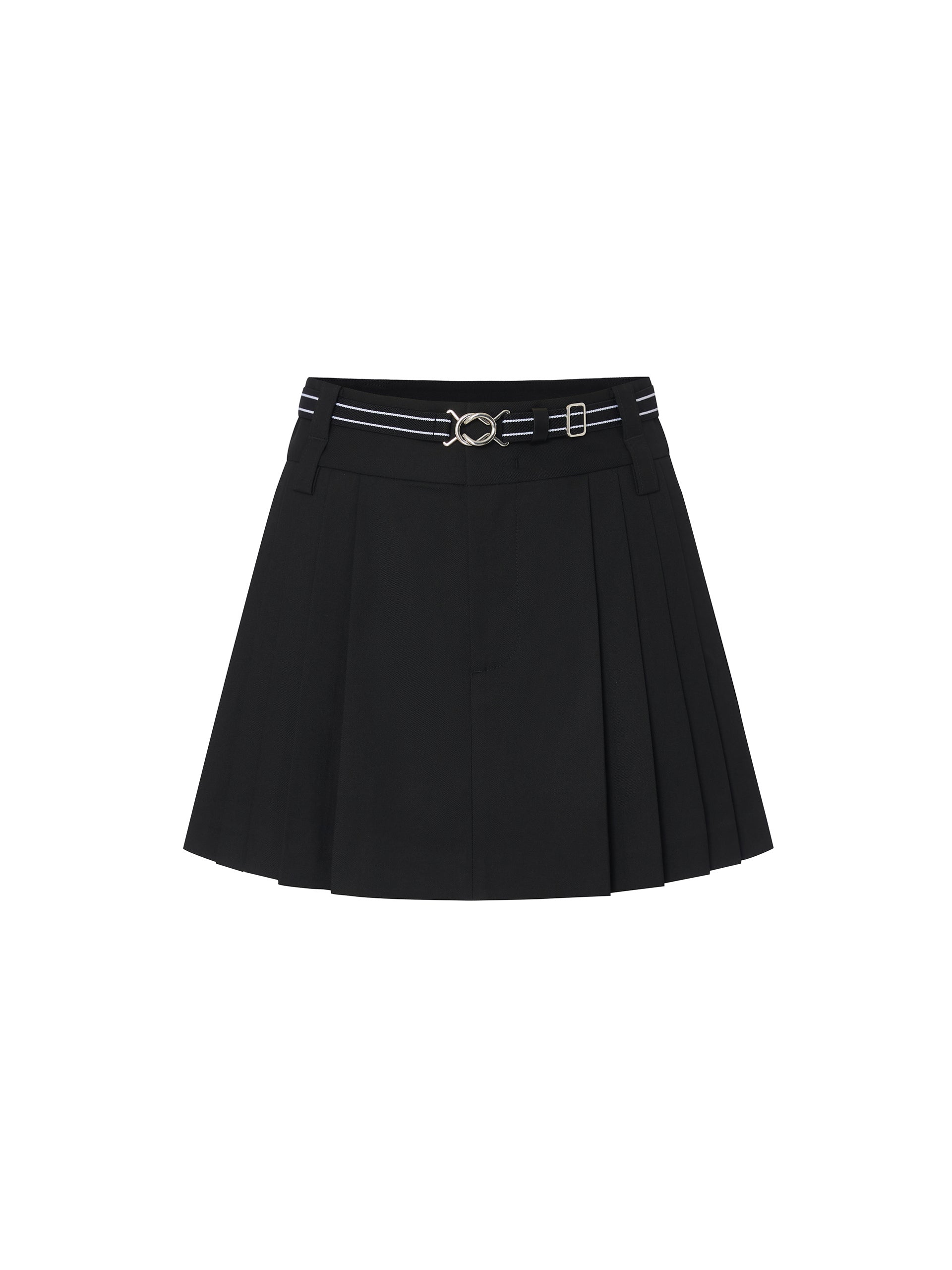 Black Pleated Mini Skirt with Belt