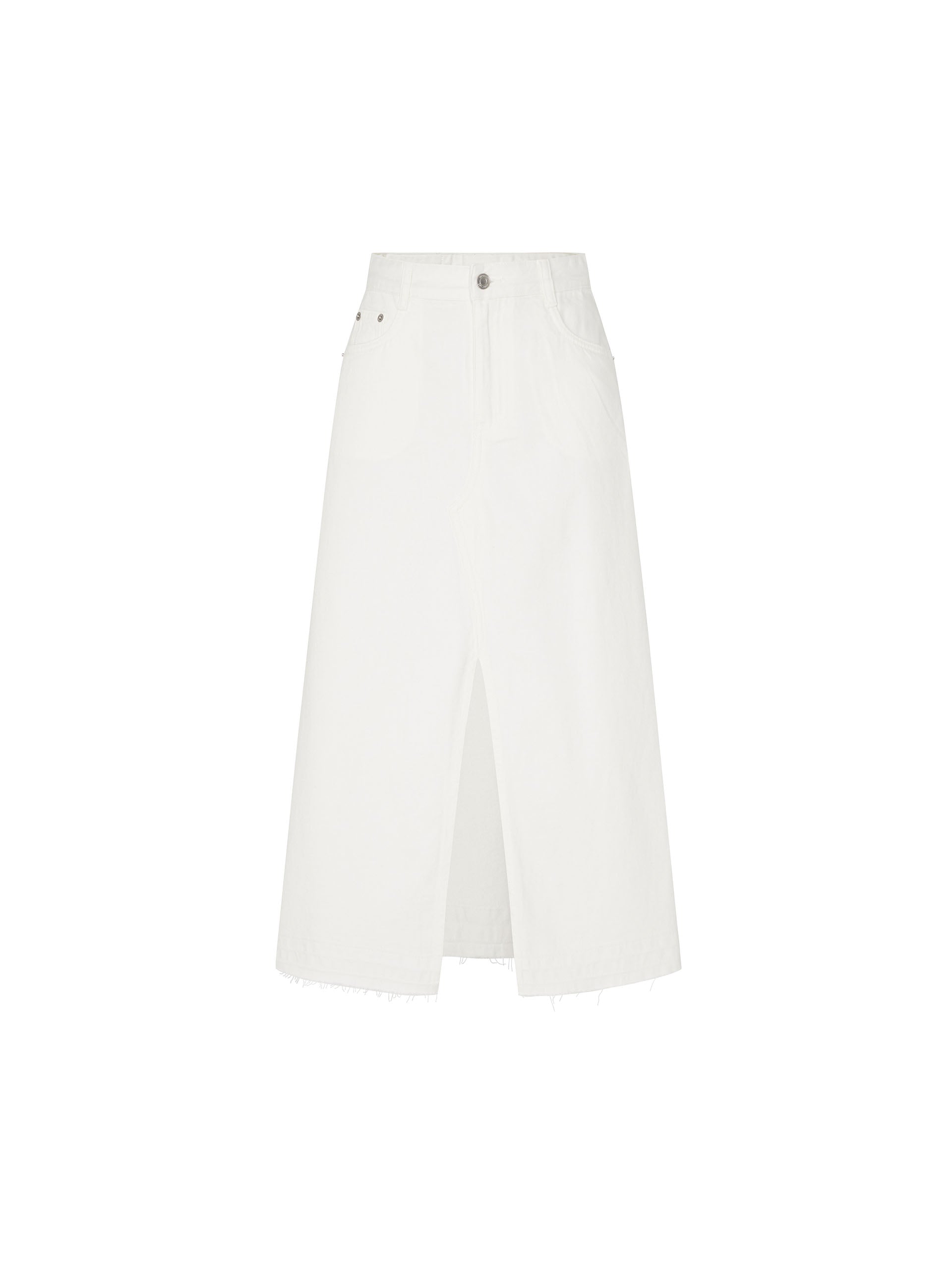 Slit Front Raw Hem White Denim Midi Skirt