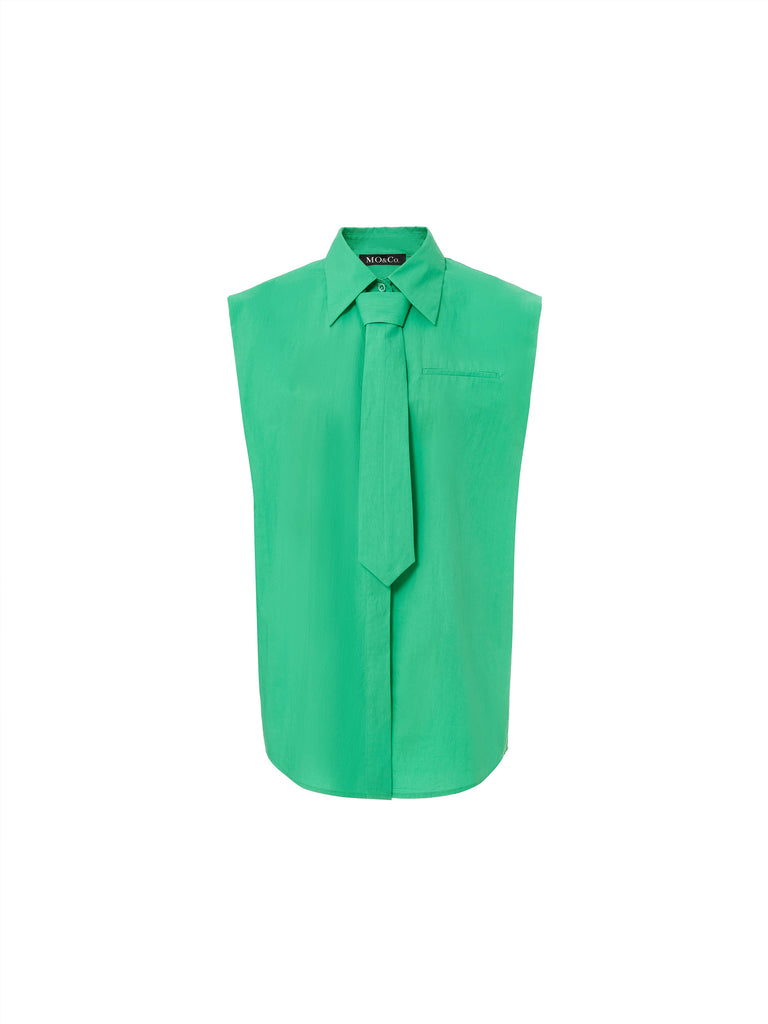 Women's Sleeveless Cotton Shirt with Tie in Green
