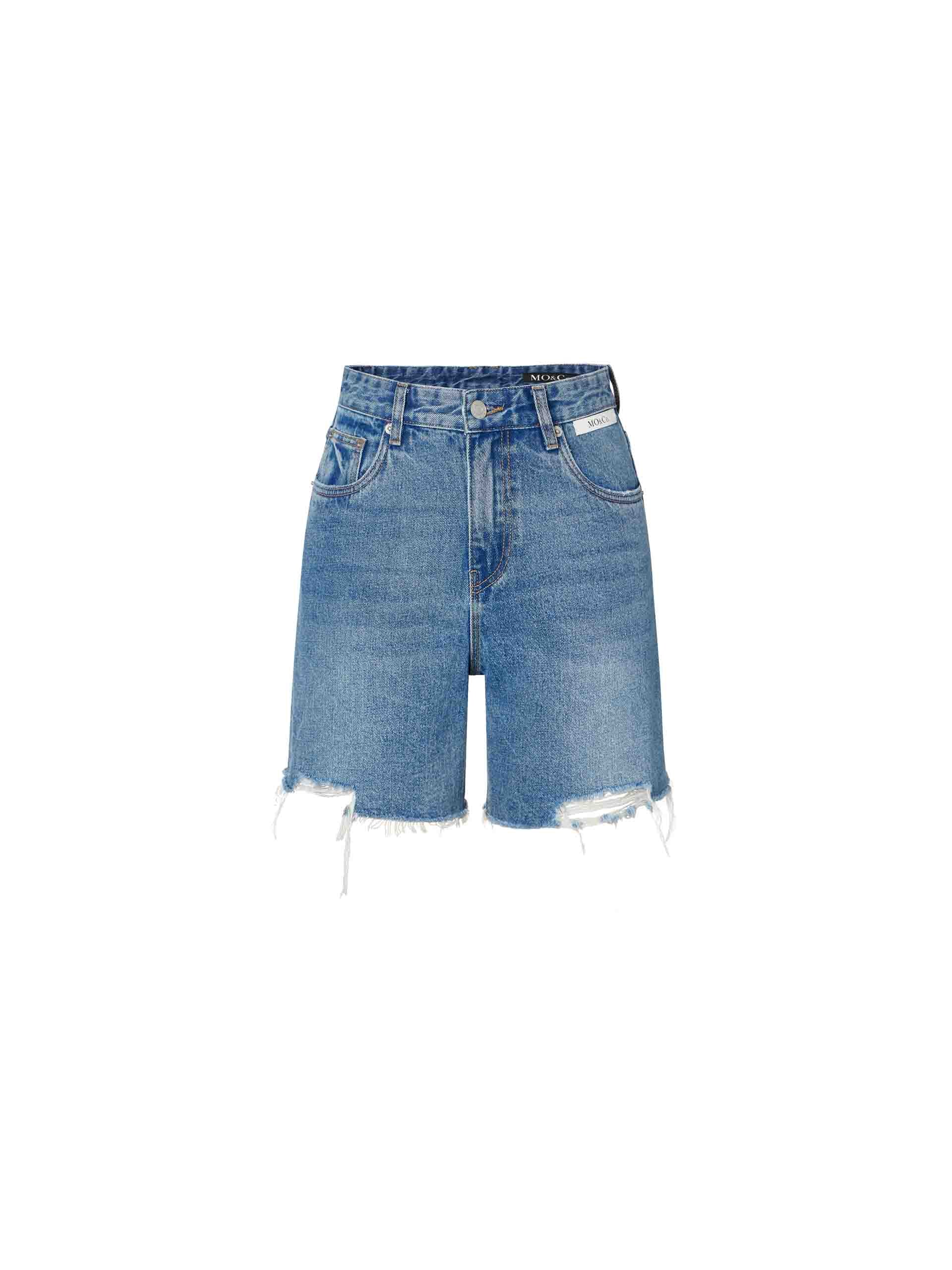 Women's Destroyed Hem Mid-rise Blue Denim Shorts