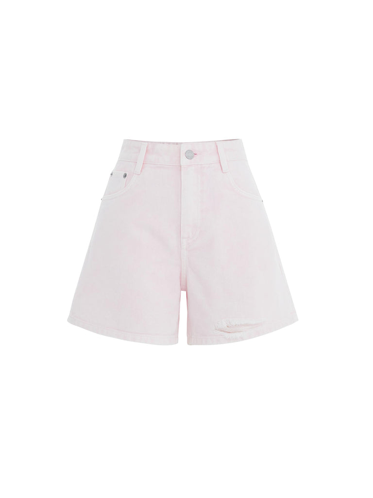 MO&Co. Women's Ripped Details Light Pink Denim Cotton Shorts