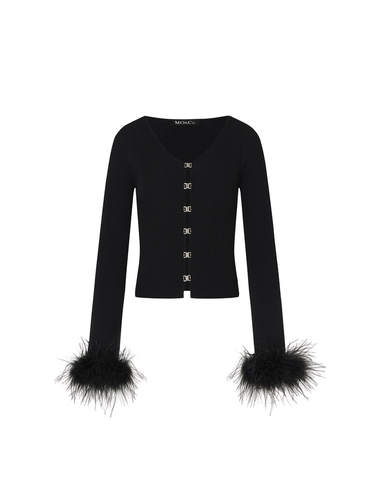 Feather Cuffs Party Wear Black Ribbed Knit Cardigan
