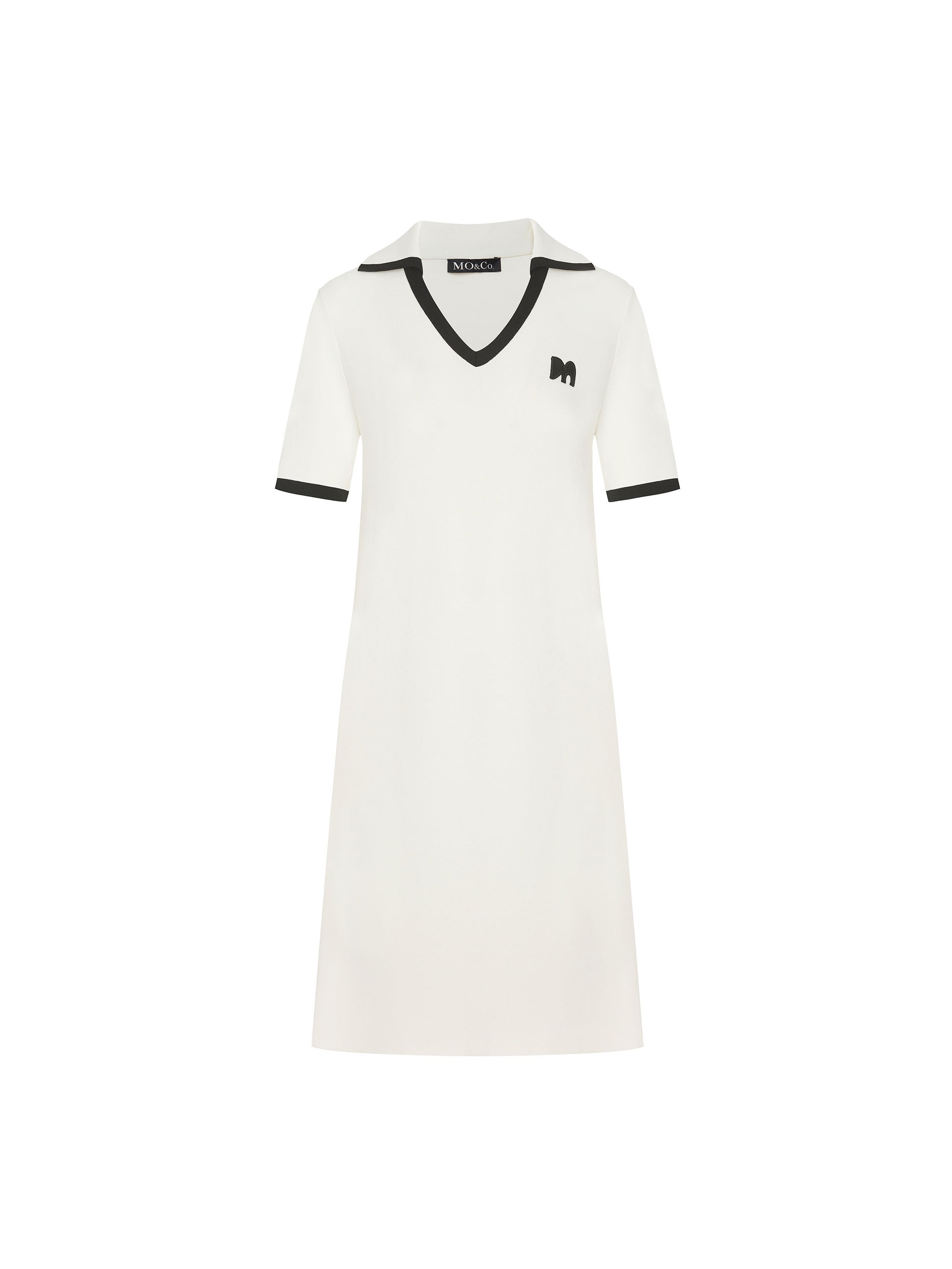 MO&Co. Women's Polo Collar Contrast Beige Dress features include a V-neck with collar design, contrasting trim details, and an embroidered M logo patch front. 