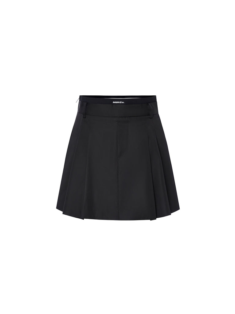 Women's Double Waistband Pleated Black Mini Skirt