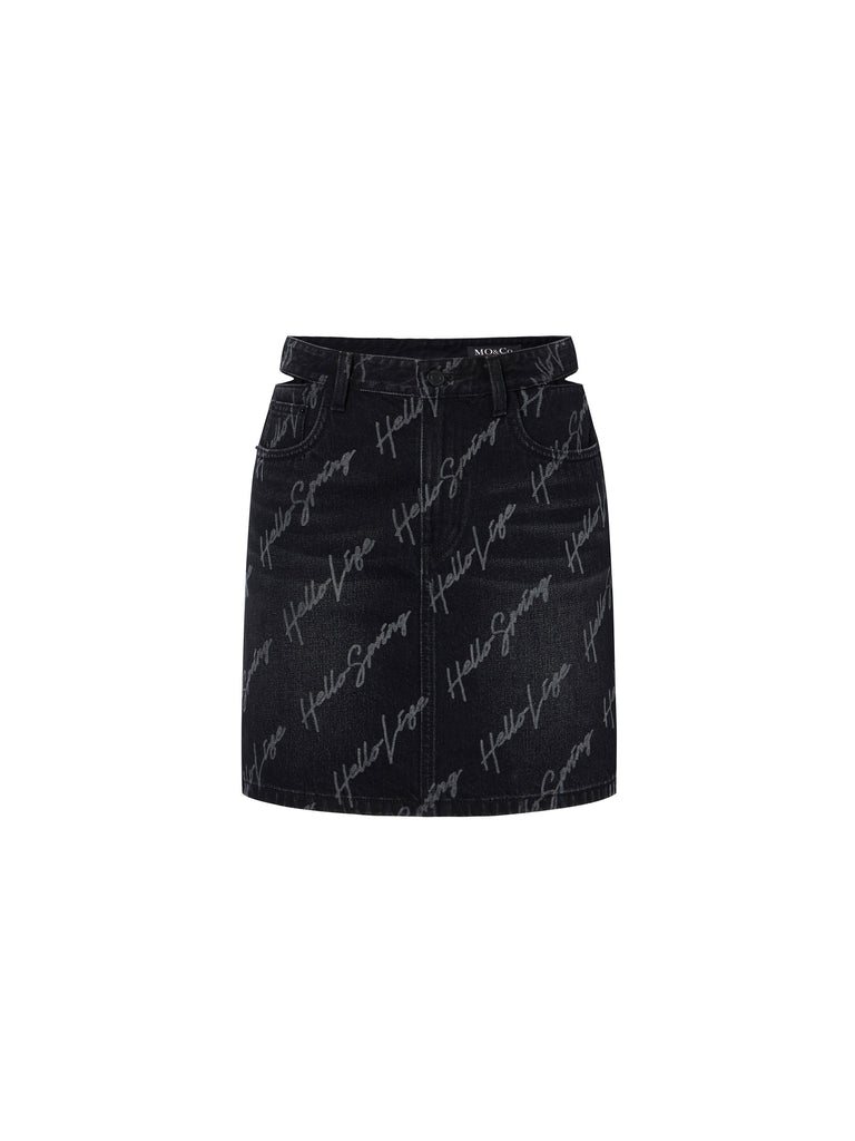 Deconstruct Cut-out Waistband Letter Print Black Mini Denim Skirt