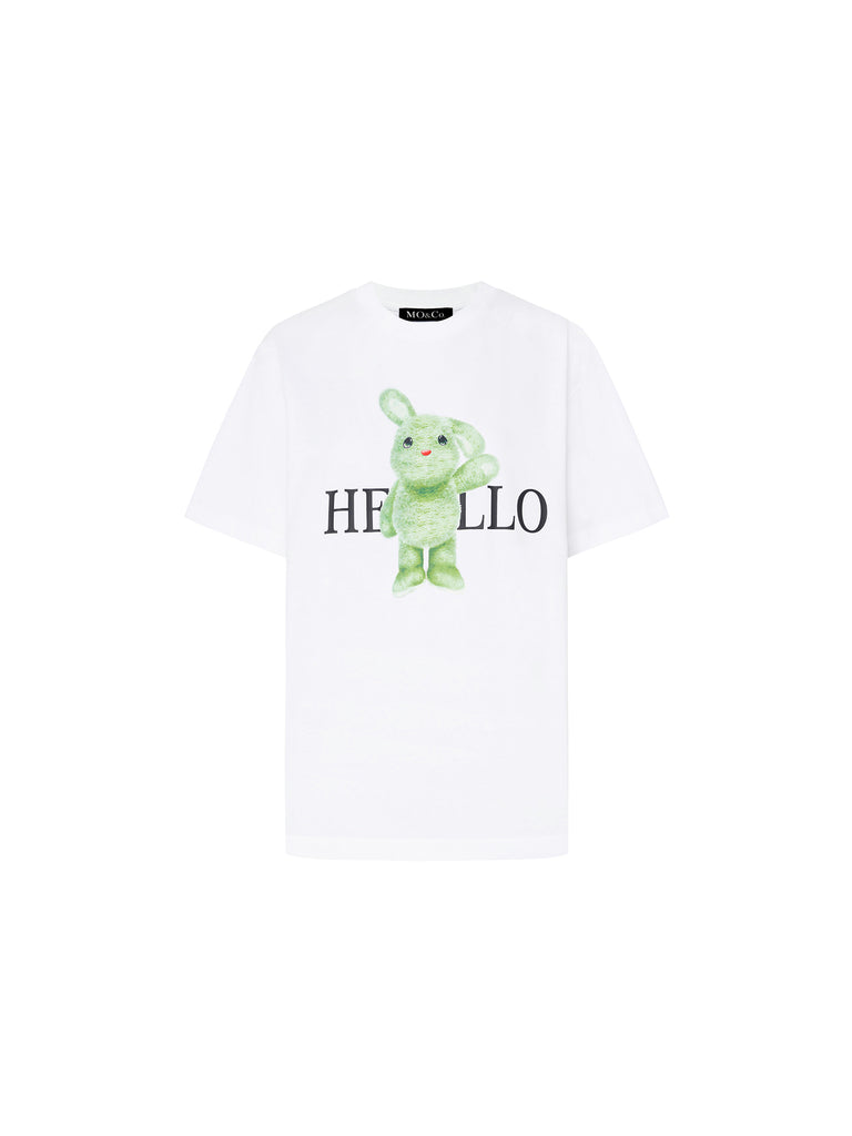 Short Sleeves Rabbit Pattern Cotton Relaxed Fit Causal T-shirt in White