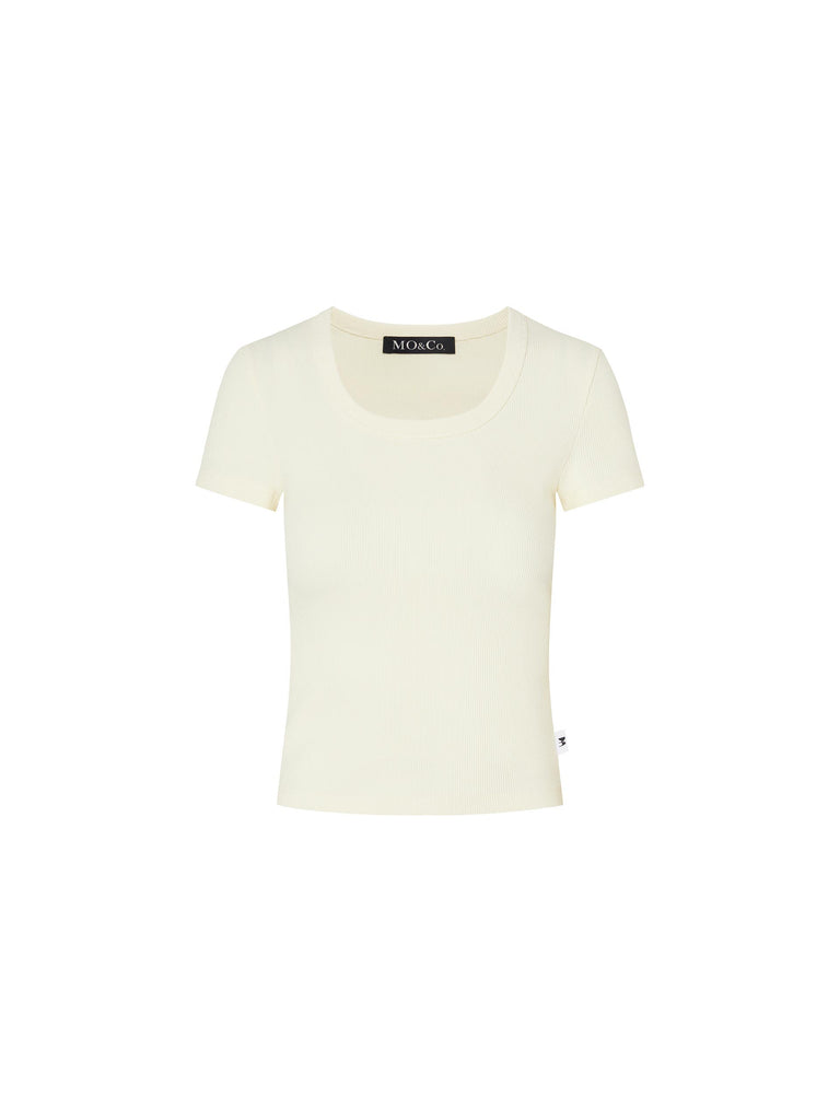 MO&Co. Women's Cropped Slim Fit Short Sleeves T-shirt in Beige