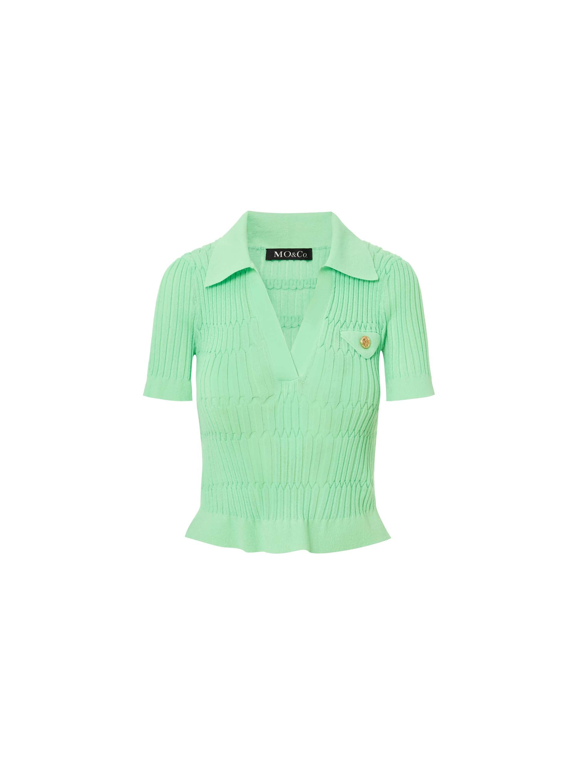 Women's Polo Collar Structured Short Sleeves Knitted Top in Green