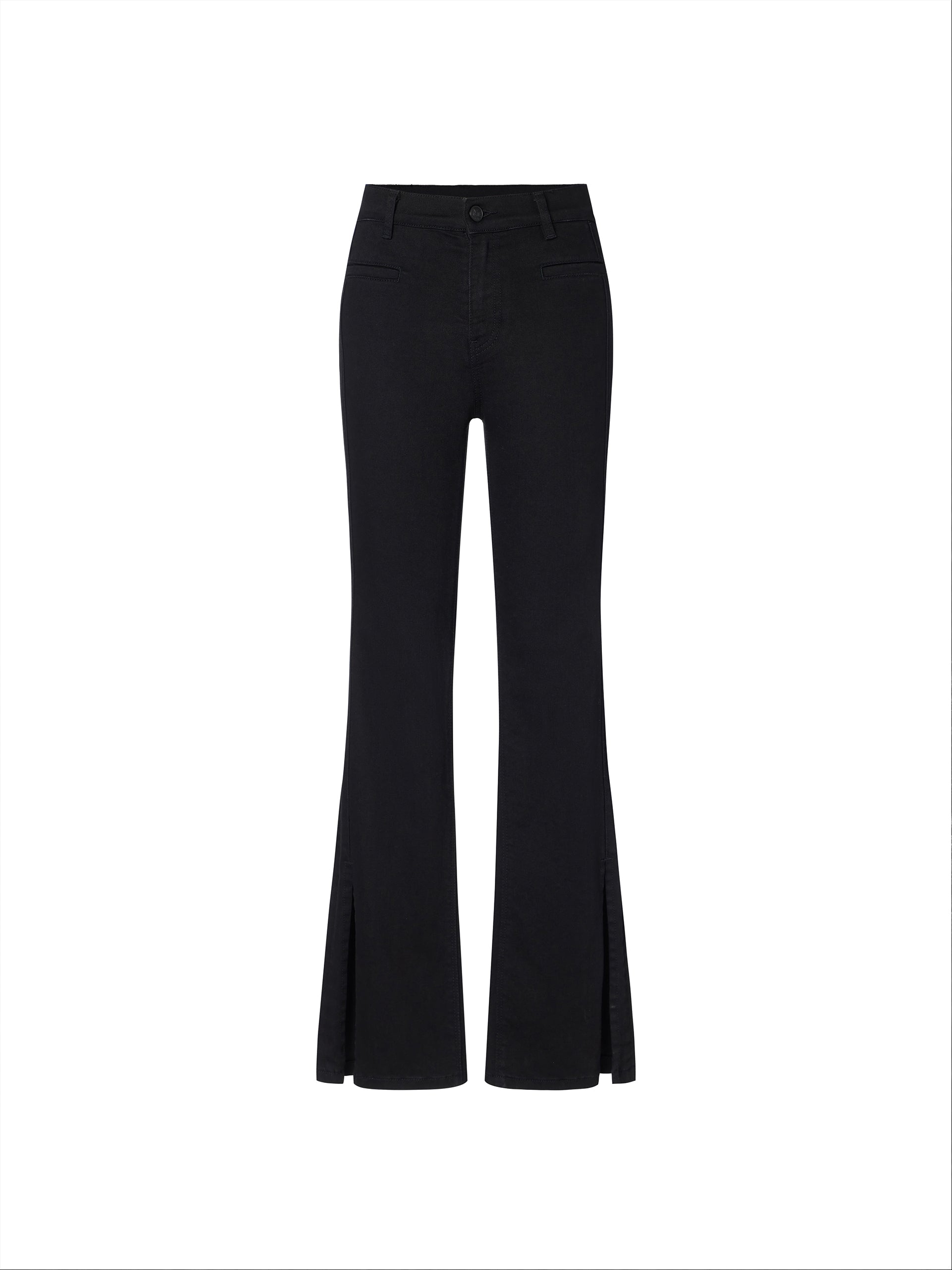 High Rise Flared Slit Hems Black Jeans