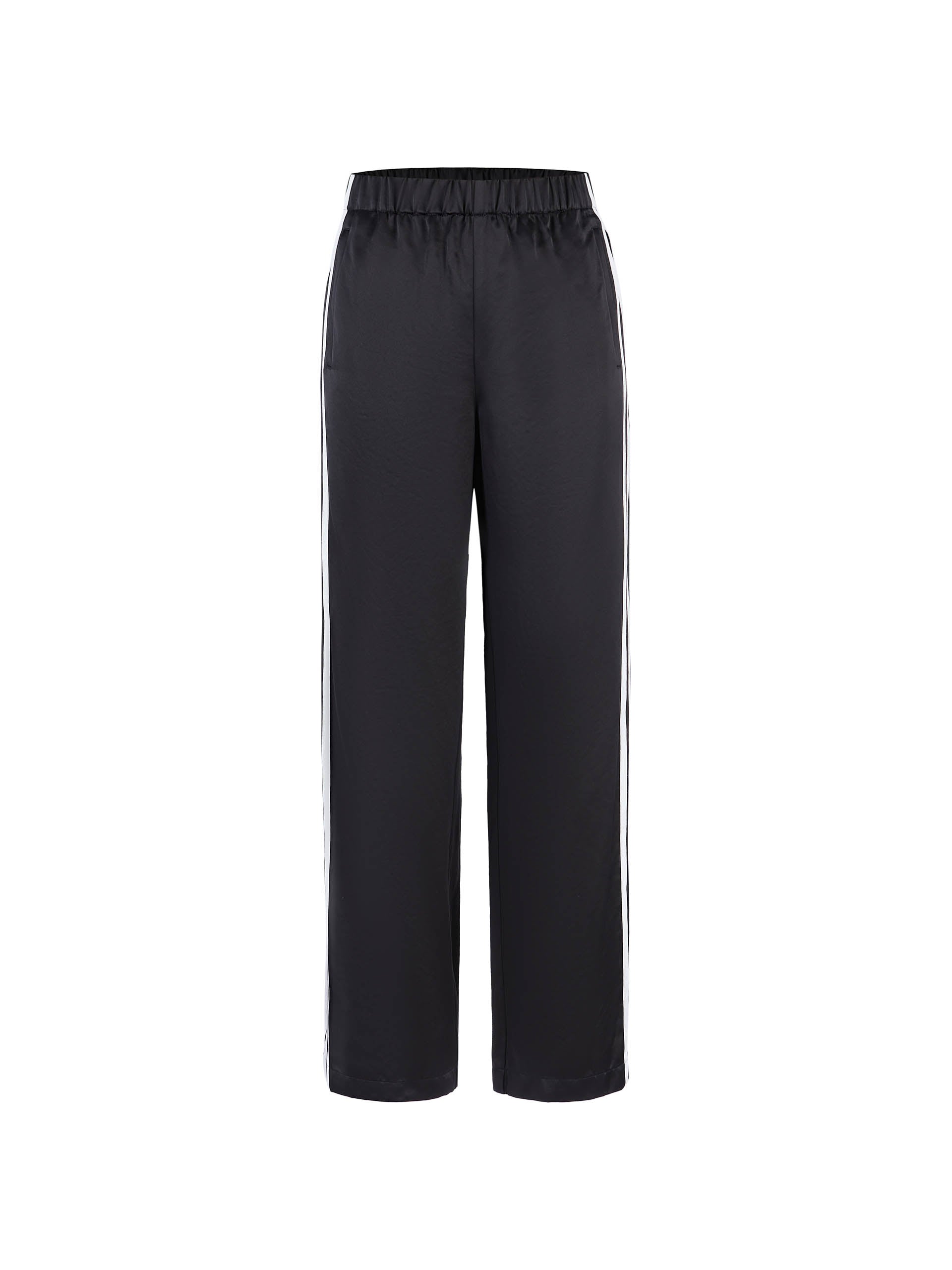 MO&Co. Women's Contrast Elastic Waist Pants in Black feature a straight leg, contrast trim design, and an elasticated waistband with side pockets. An acetate blend fabric ensures these pants are incredibly soft, smooth, and comfortable.