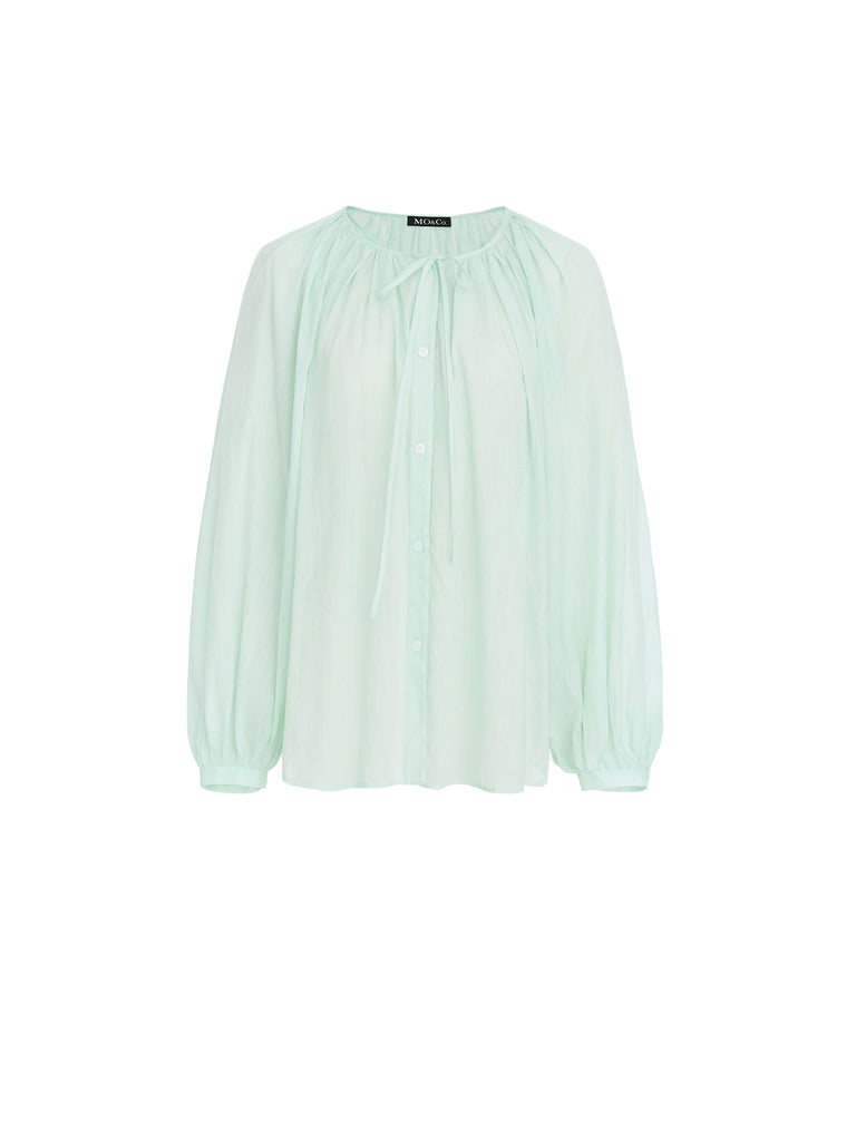 MO&Co. Women's Lace-up Cotton Blend Holiday Vacation Blouse in Mint