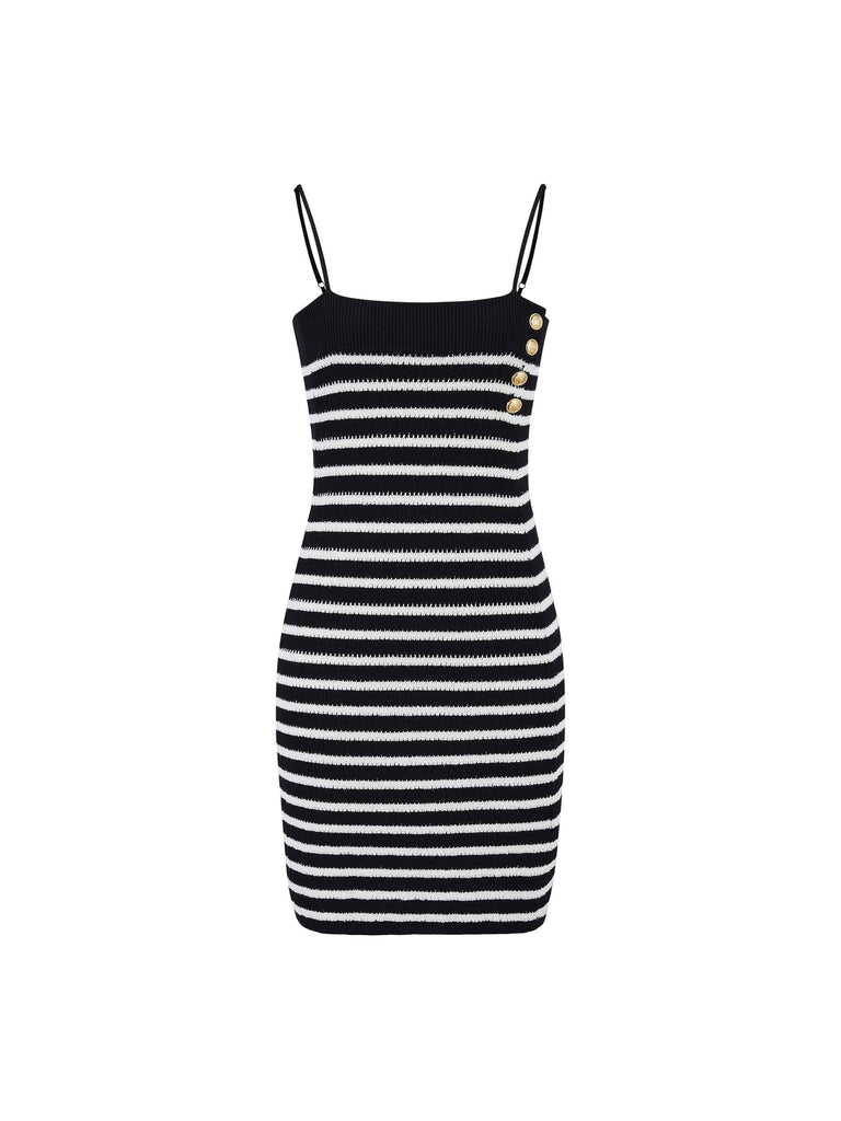 MO&Co. Women's White Striped Straps All Day Mini Dress in Black features a bodycon fit, metallic button front details, rib knitted and stretchy materials, and adjustable spaghetti straps with a striped pattern.