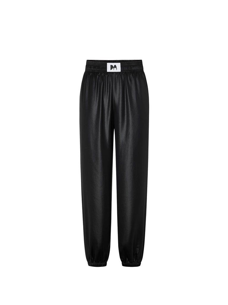 MO&Co. Women's Triacetate Blend Elastic Waist Jogger Pants in Black with Side Slant Pockets, an Elasticated Waist with Woven Label Front Details, and an Elasticized Hem!