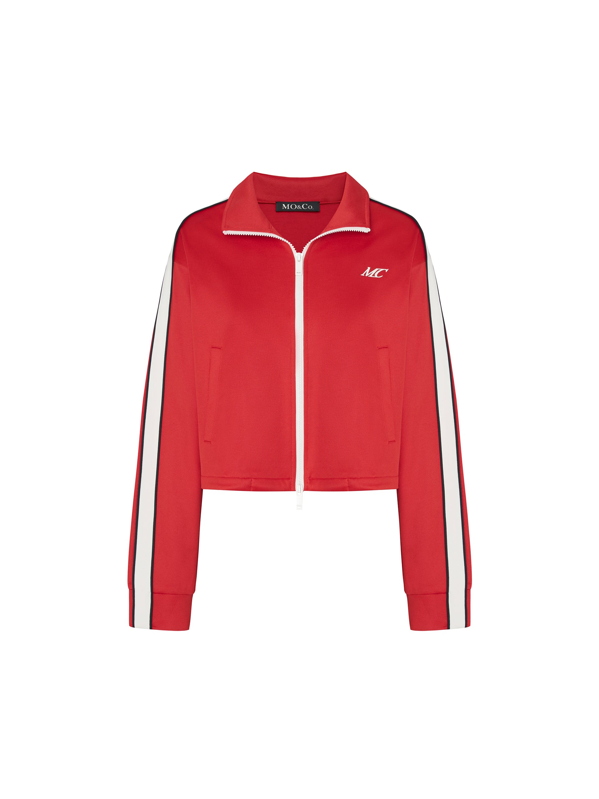 Cotton Blend Contrast Cropped Athleisure Jacket in Red