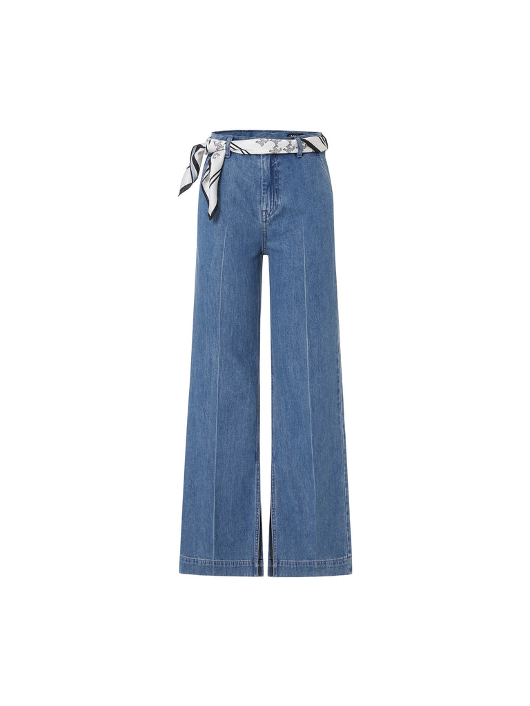 Women's Silk-blend Blue Straight Jeans with Scarf