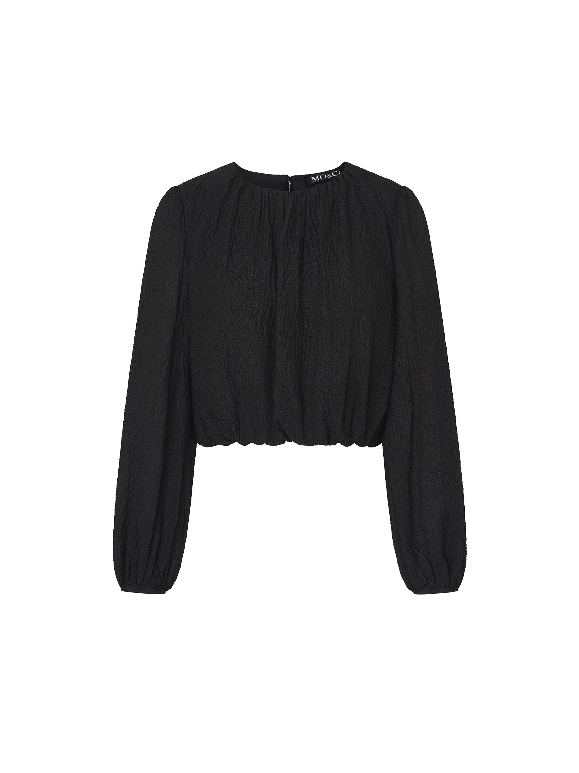 Silk-blend Texture Crop Black Volume Sleeves Top