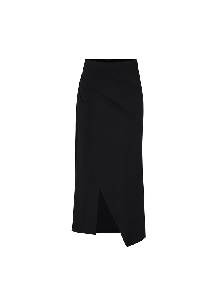 Ruched Slit Black Midi Skirt 