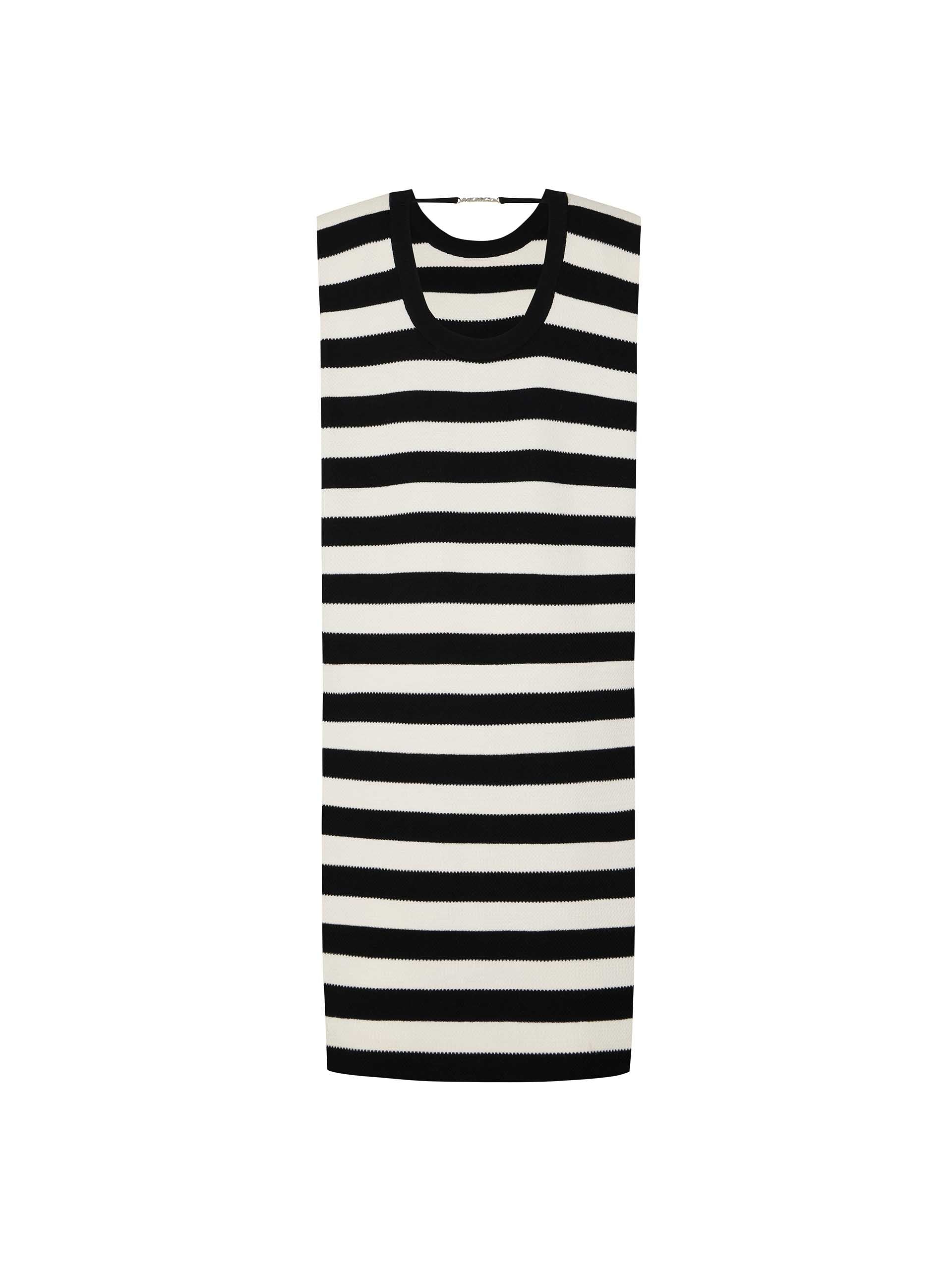 MO&Co. Women's Black and White Stripe H-line Maxi Dress with Cut-out Details and Logo Metallic Chain at back