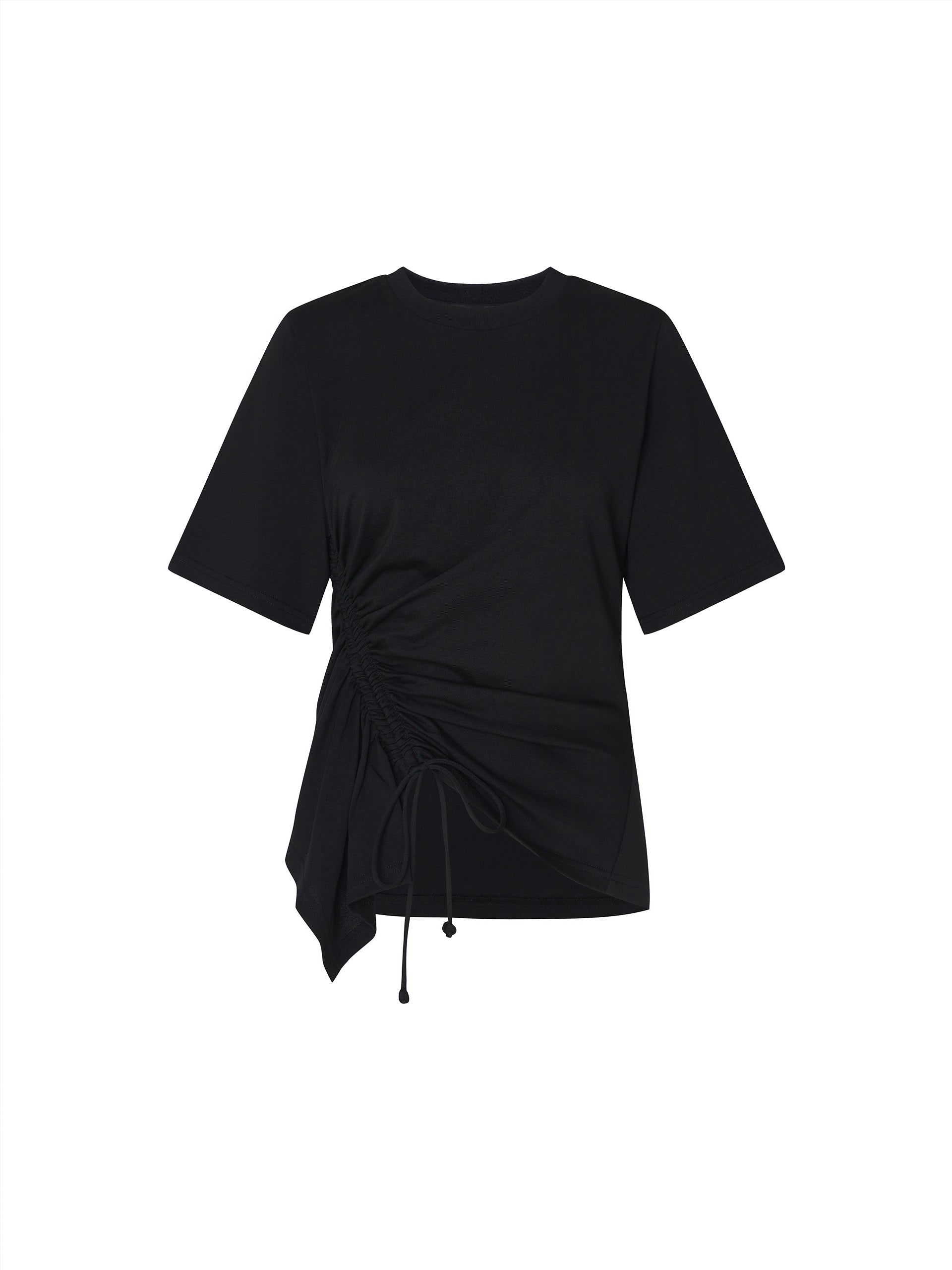 Women's Pleated Asymmetrical Hem Cotton T-shirt with Drawstring in Black