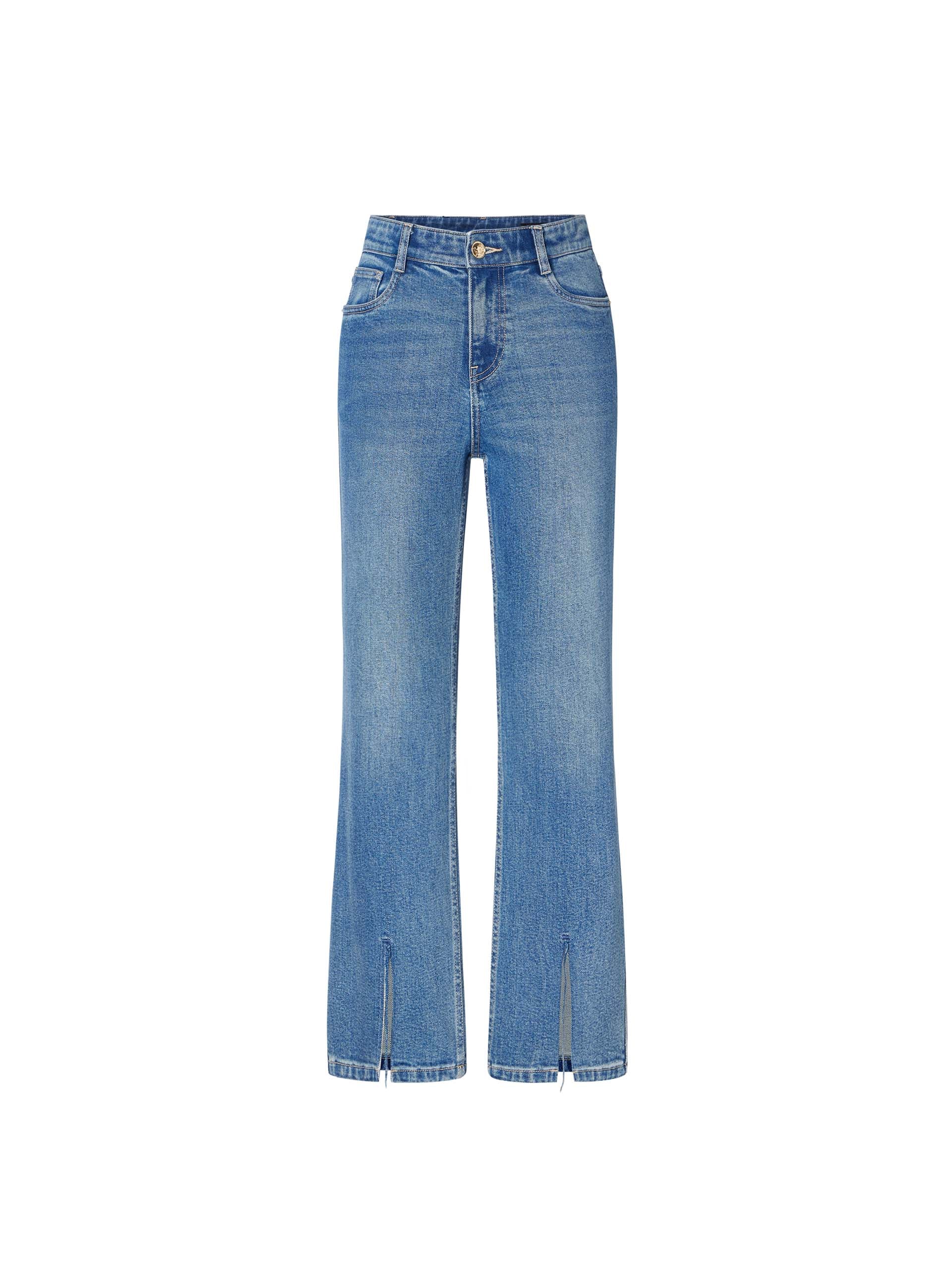 Women's Front Slit Blue Mid-rise Straight Jeans