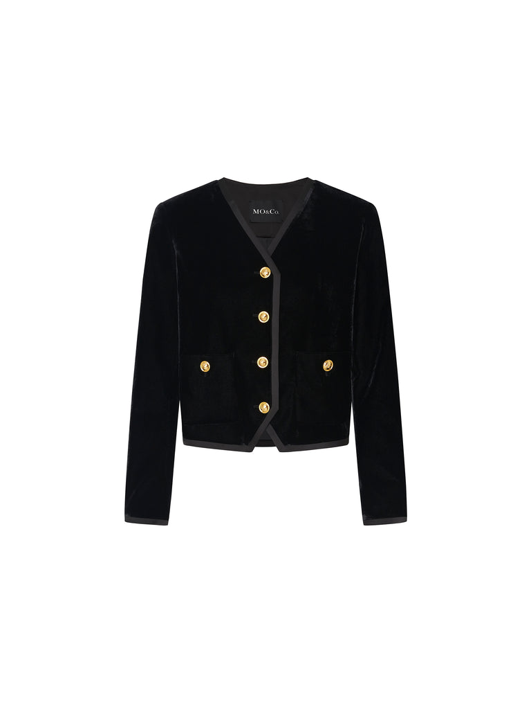 Black Single Breasted Velvet Cropped Smart Jacket