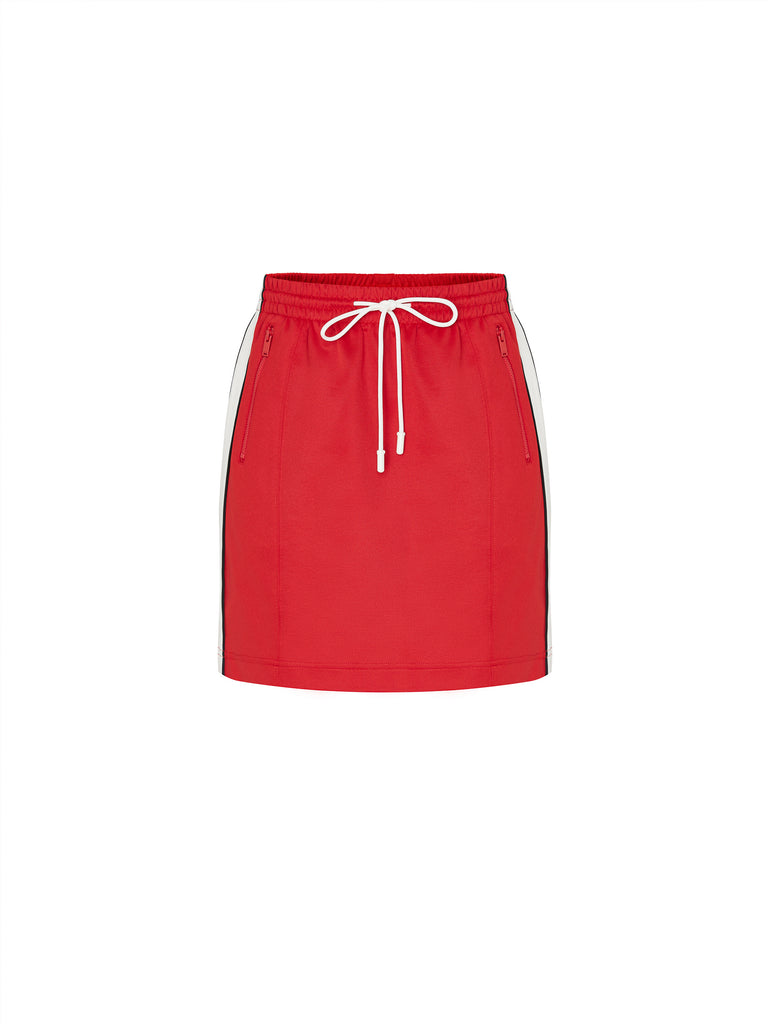 Drawstring Elastic Athleisure Mini Skirt in Red