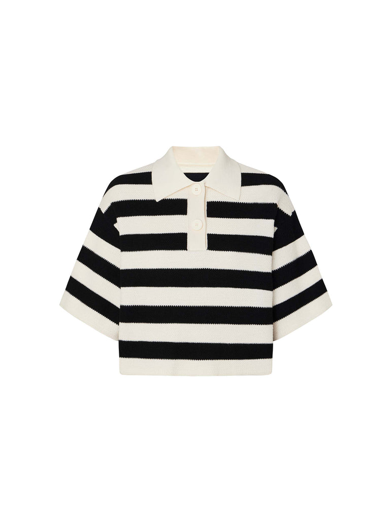 MO&Co. Women's Wide Stripe Polo Cropped Knitted Top in Black and White