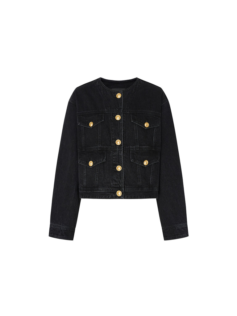 Collarless Cotton Denim Cropped Jacket in Black