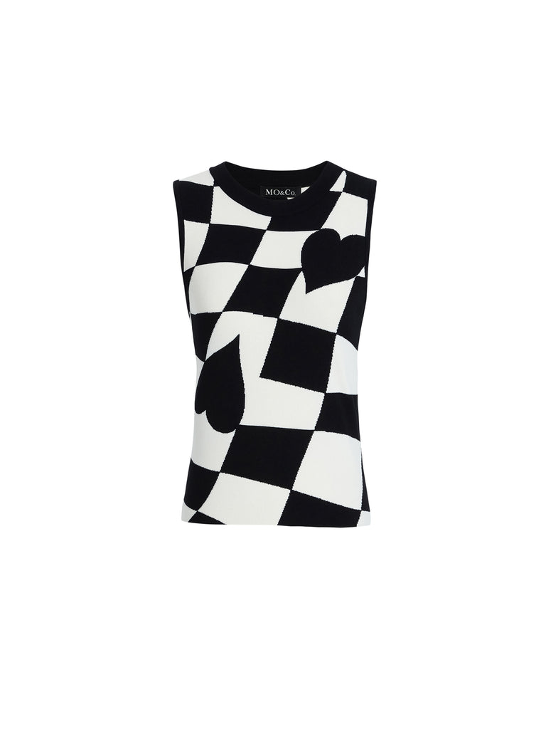 MO&Co. Women's Checkered Jacquard Round Neck Slim Fit Knit Vest in Black and White