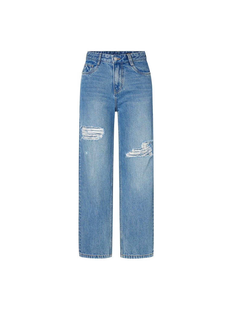 Women's Cotton Ripped Straight Blue Jeans