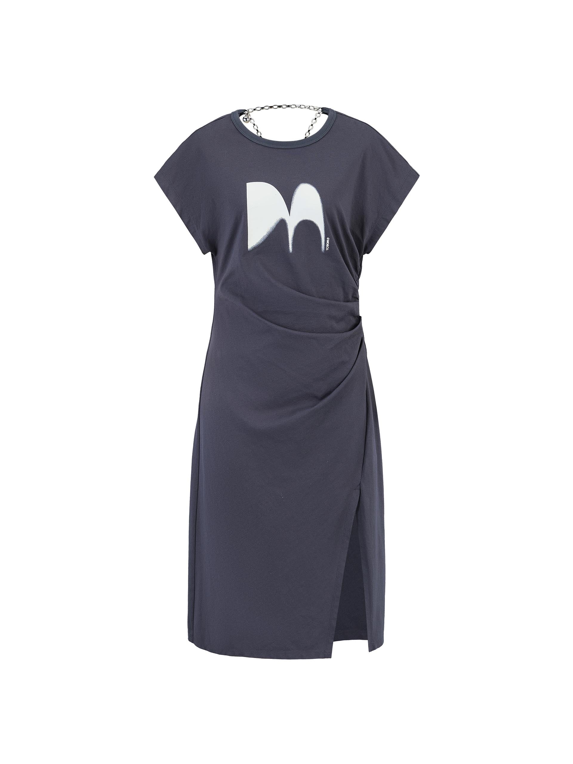 MO&Co. Women's Logo Printed Pleated Midi Dress with Cutout Back Details in Grey