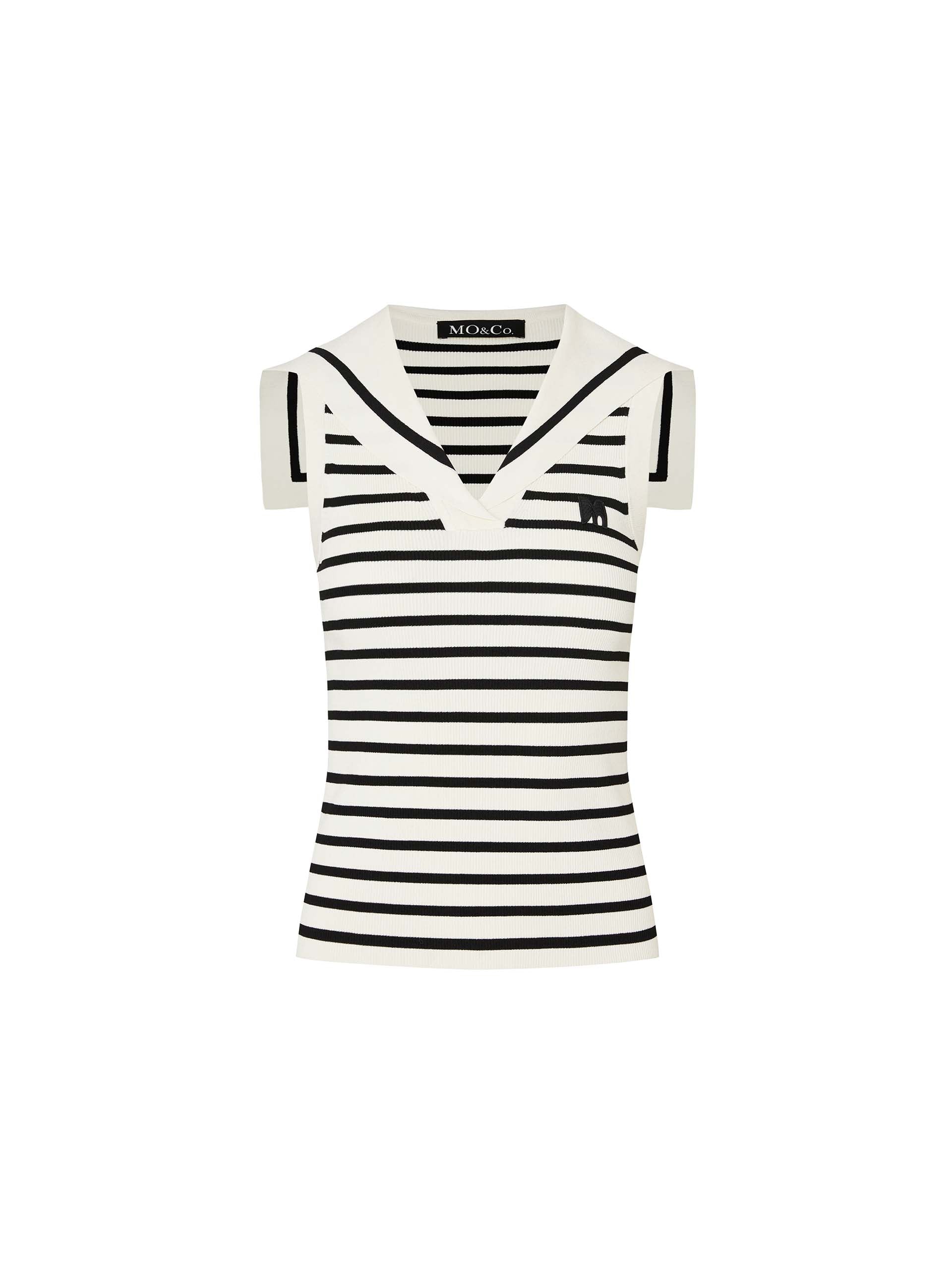 MO&Co. Women's Striped Navy Collar Knitted Sleeves Top in Black and White