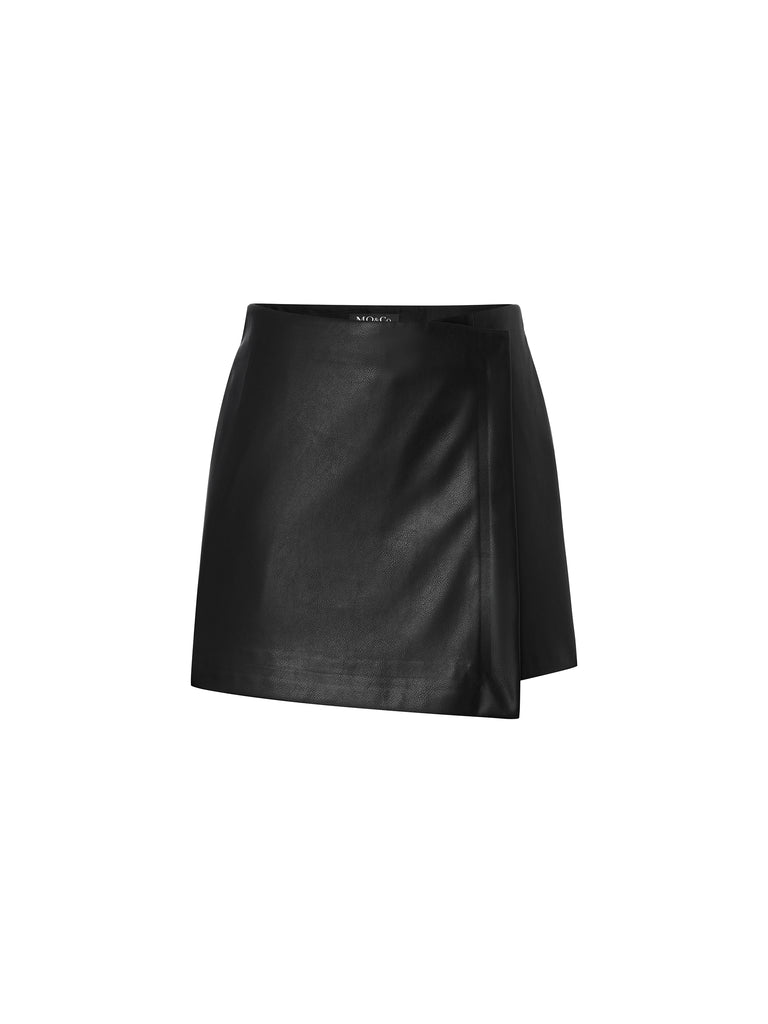 Faux Leather Patch Black Mini Skort Shorts