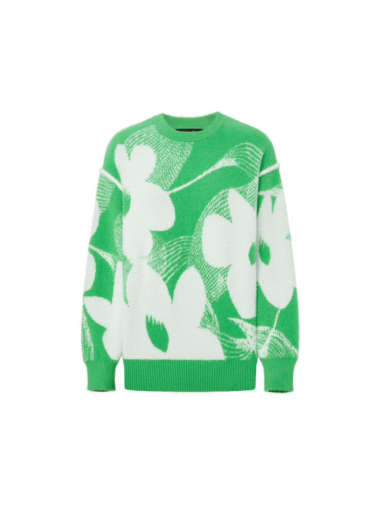 Soft Textured Floral Pattern Jacquard Sweater Pullover in Green