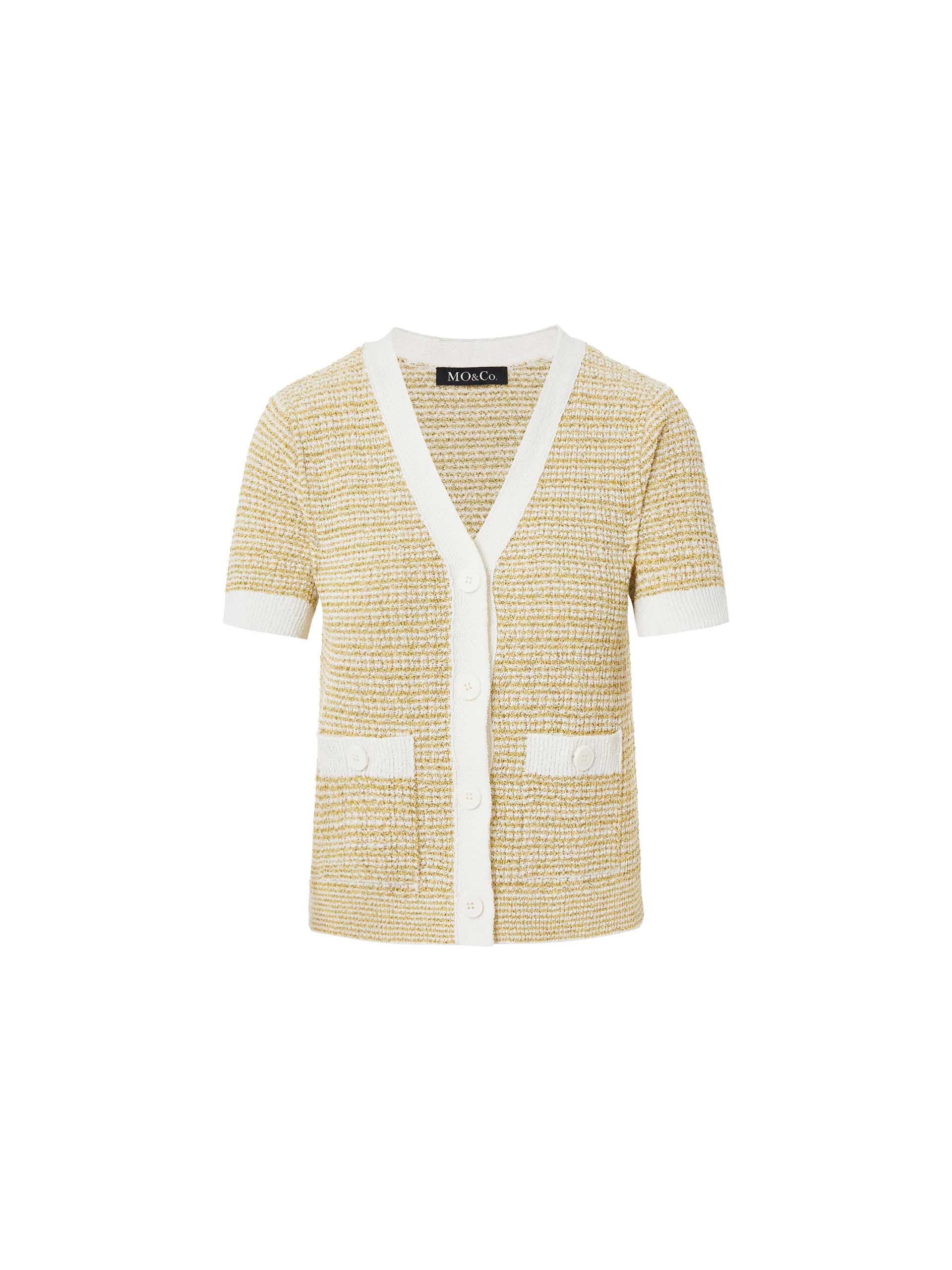 MO&Co. Women's Contrast Short Sleeves Knitted Cardigan for Spring Summer Casual in Textured Yellow and White